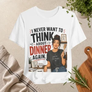 White T-shirt featuring a humorous “I Never Want to Think About Dinner Again” design with an illustrated woman standing in a kitchen.
