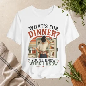 White T-shirt with retro illustration of a woman looking inside a refrigerator and the quote “What’s for Dinner? You’ll Know When I Know.”