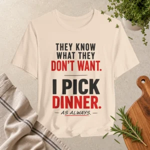 Soft cream T-shirt with bold black and red text reading “They know what they don’t want. I pick dinner. As always.”